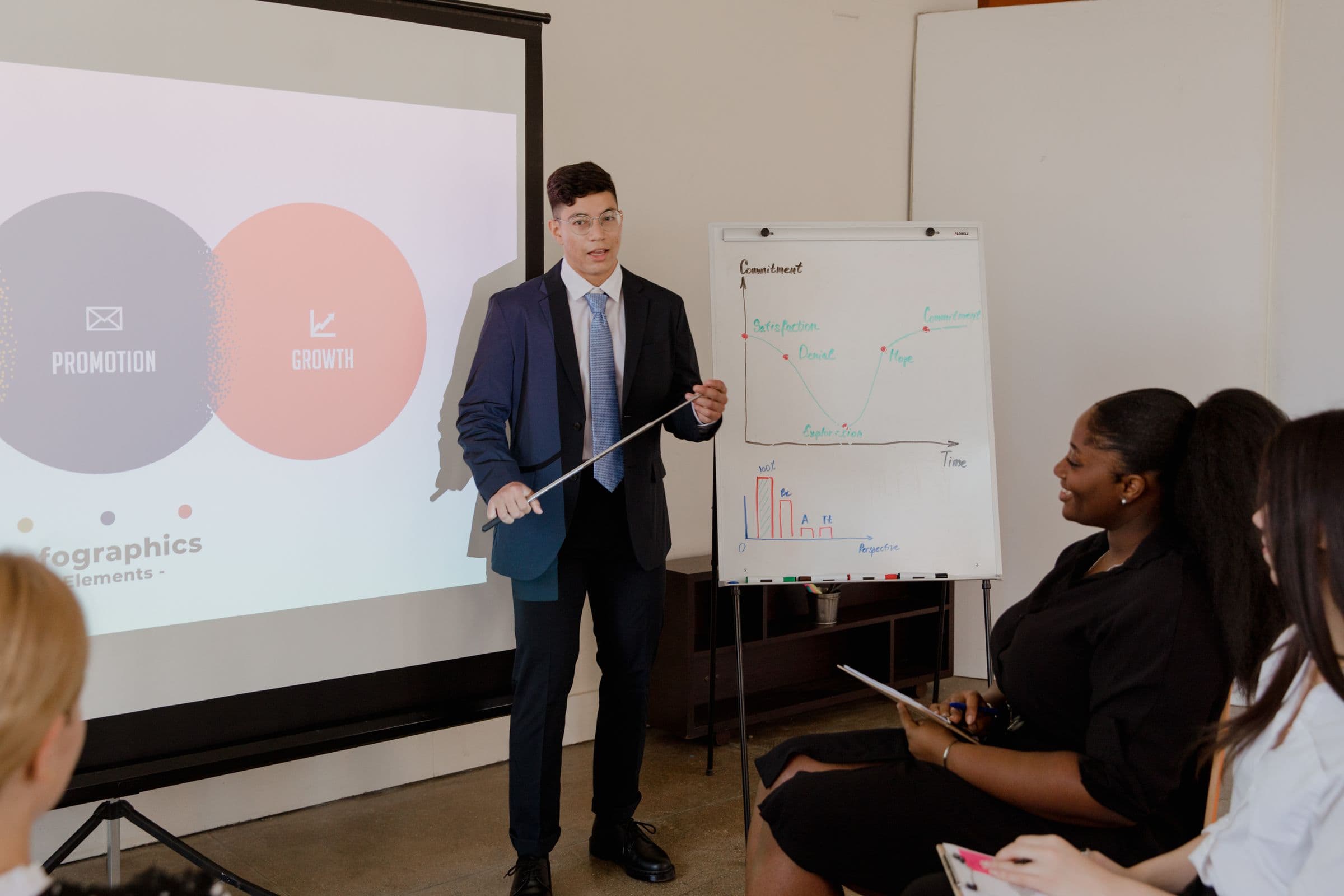 Advisors reviewing plans and figures during a strategy session.
