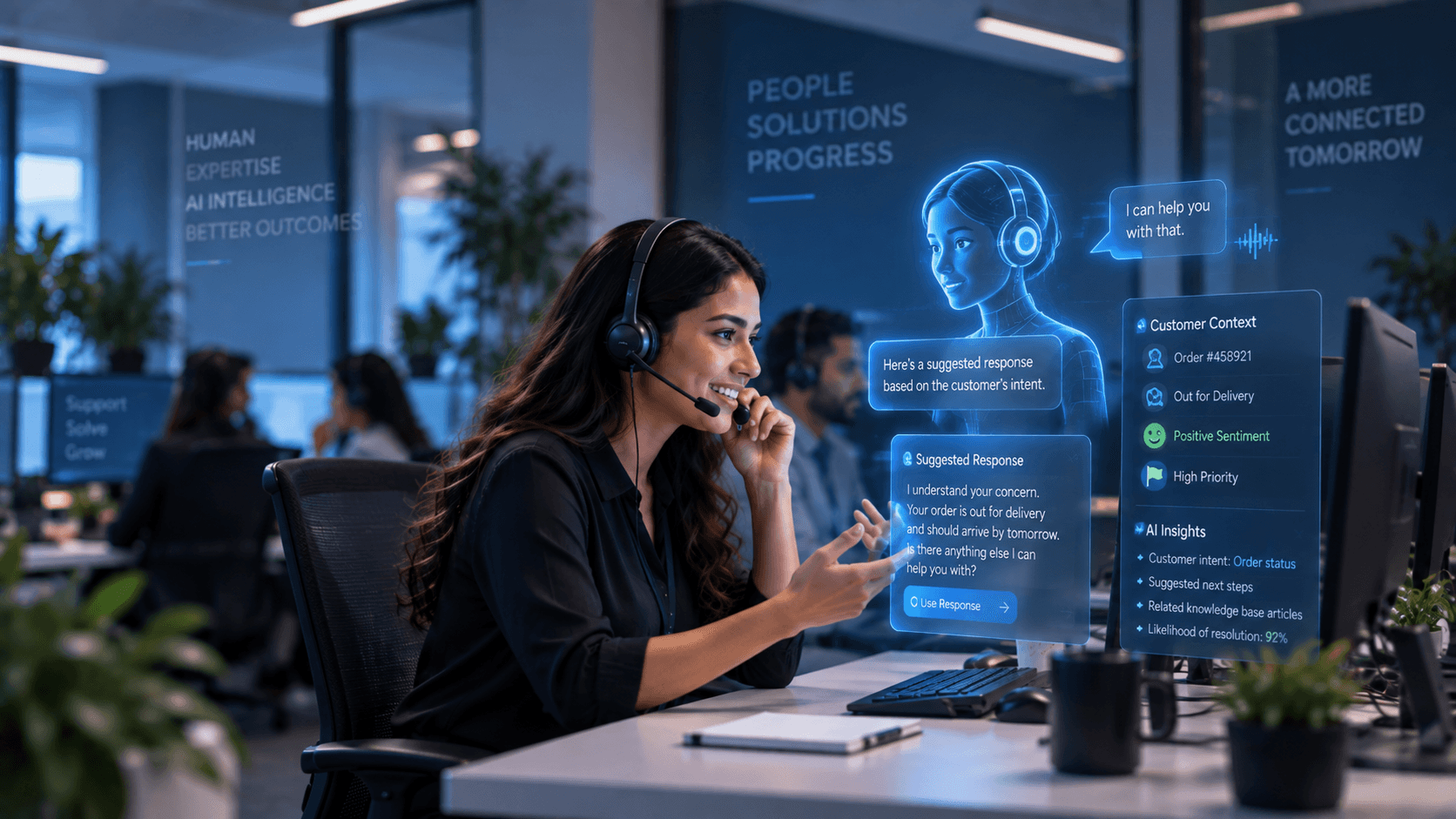A support agent using AI-assisted customer context and suggested replies.