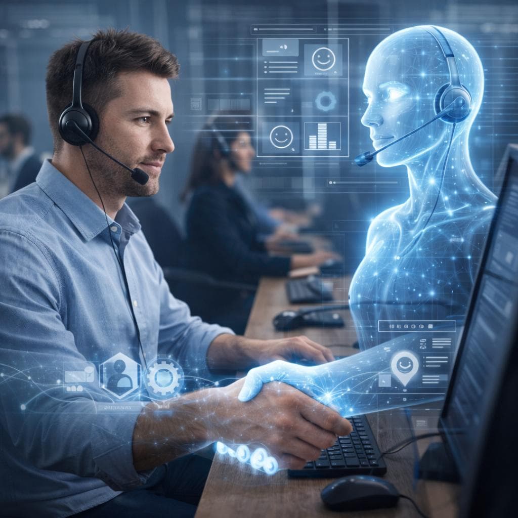 A support agent working alongside an AI assistant in a contact centre.