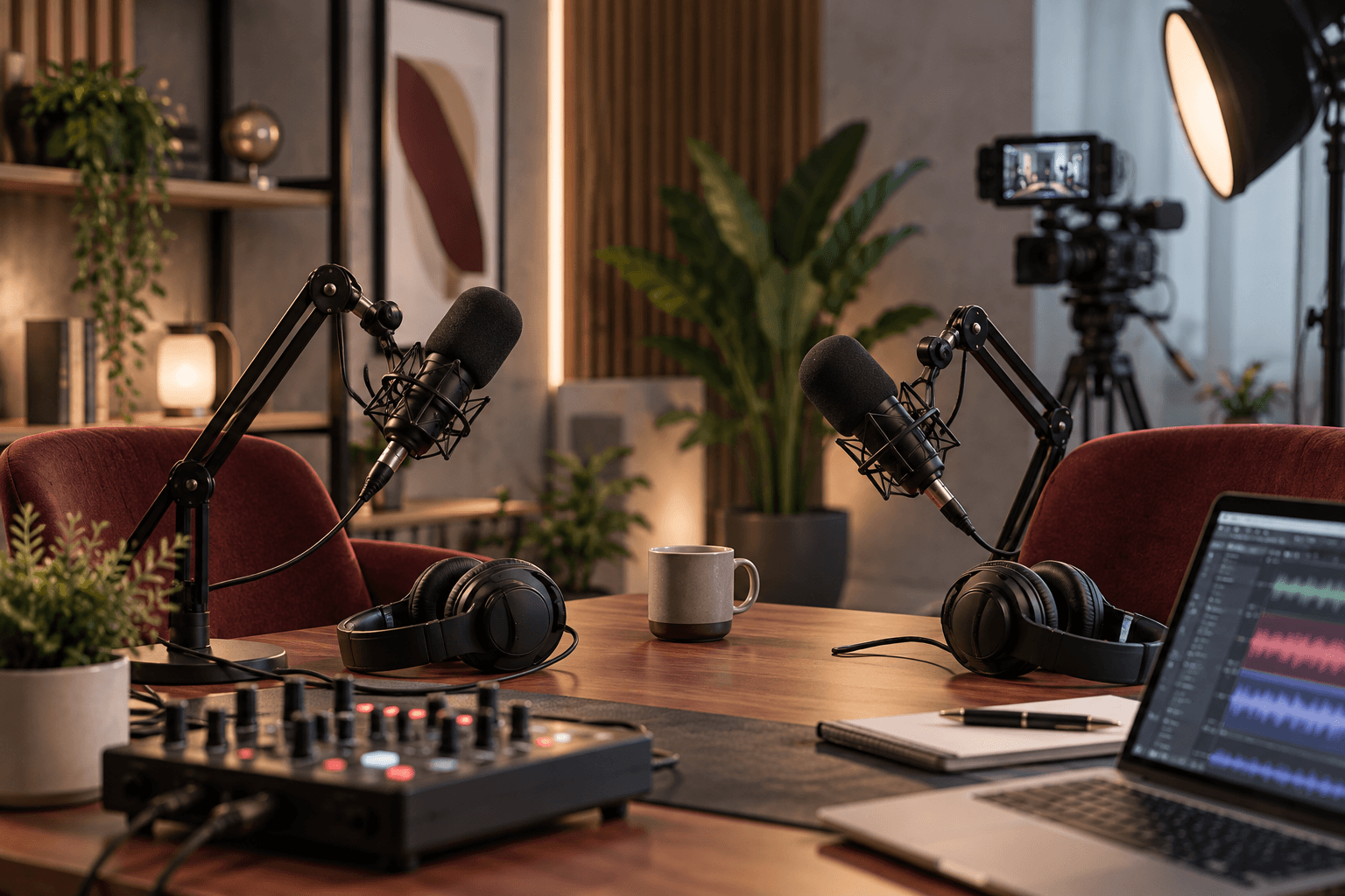Podcast studio with microphones, headphones and recording equipment.