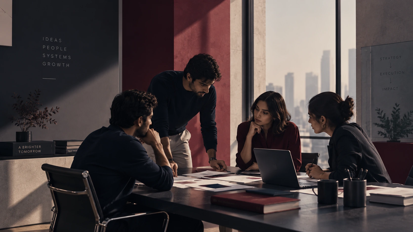 Colleagues collaborating around a conference table in a sunlit office.